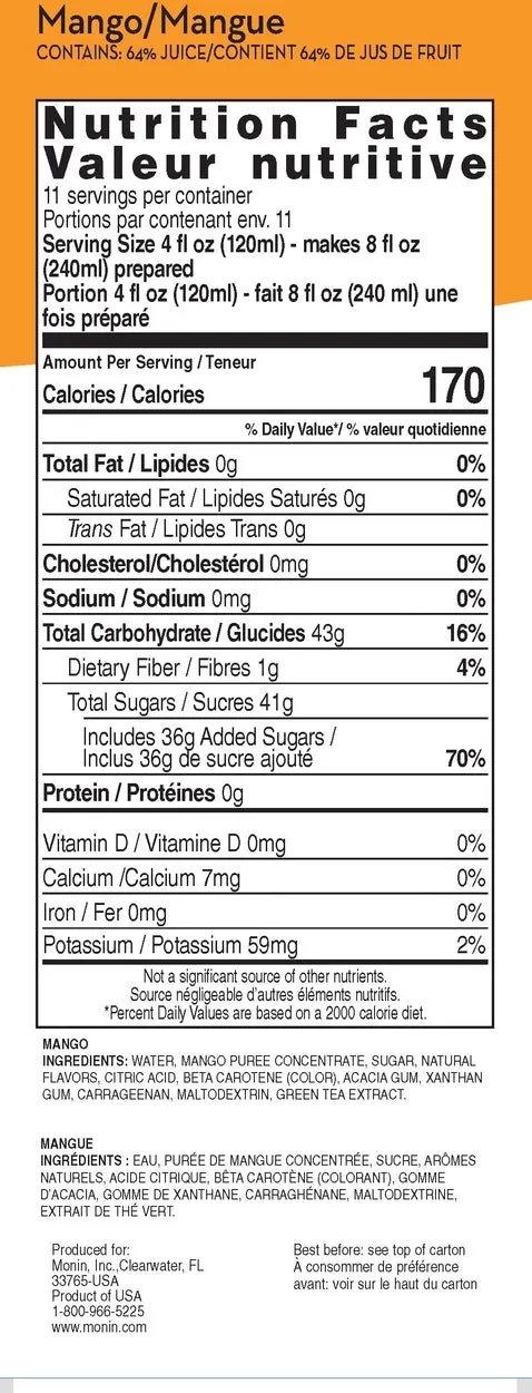 Mango Fruit Smoothie Mix - Monin Canada - 6 x 46 oz