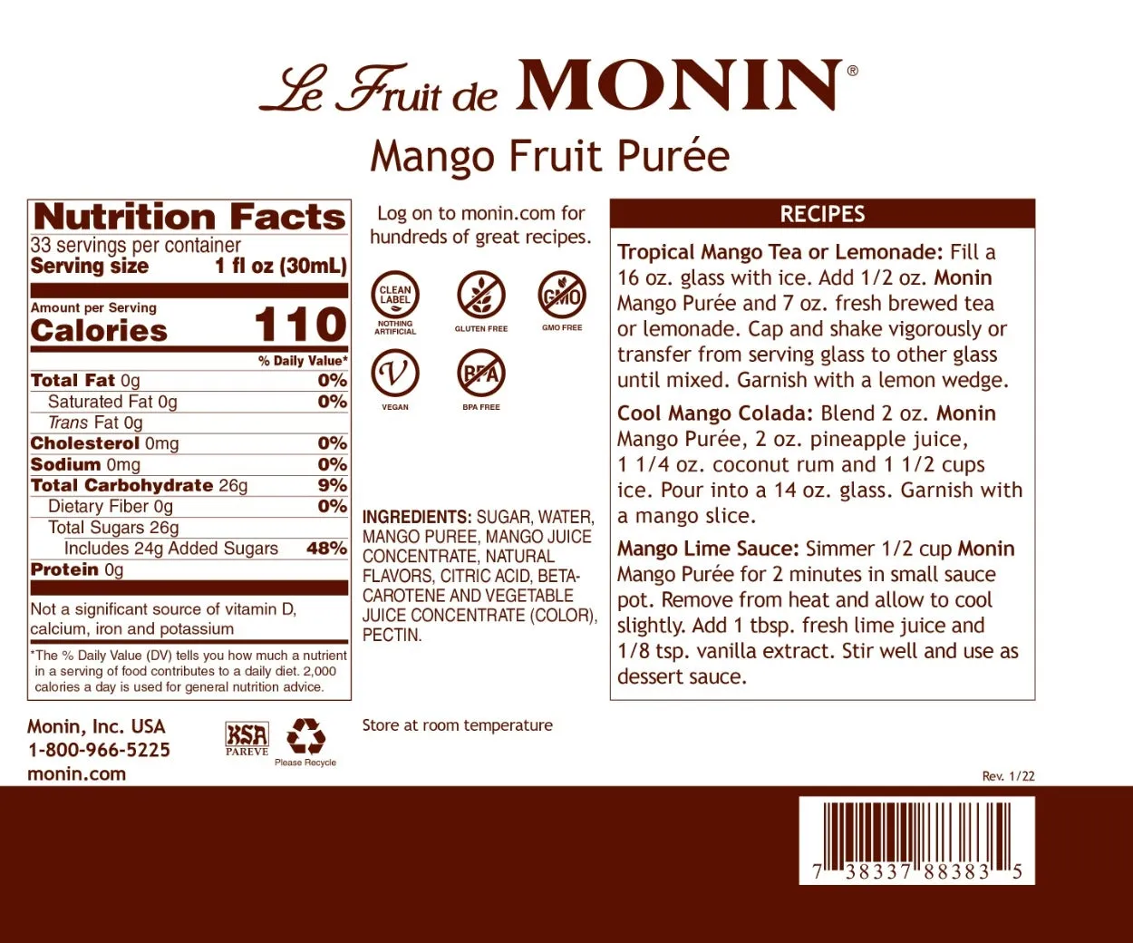 Mango Purée - Monin - Premium Fruit Purees - 4 x 1L Plastic Bottle