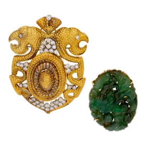 Mid Century carved jade diamond 18k yellow gold interchangeable brooch