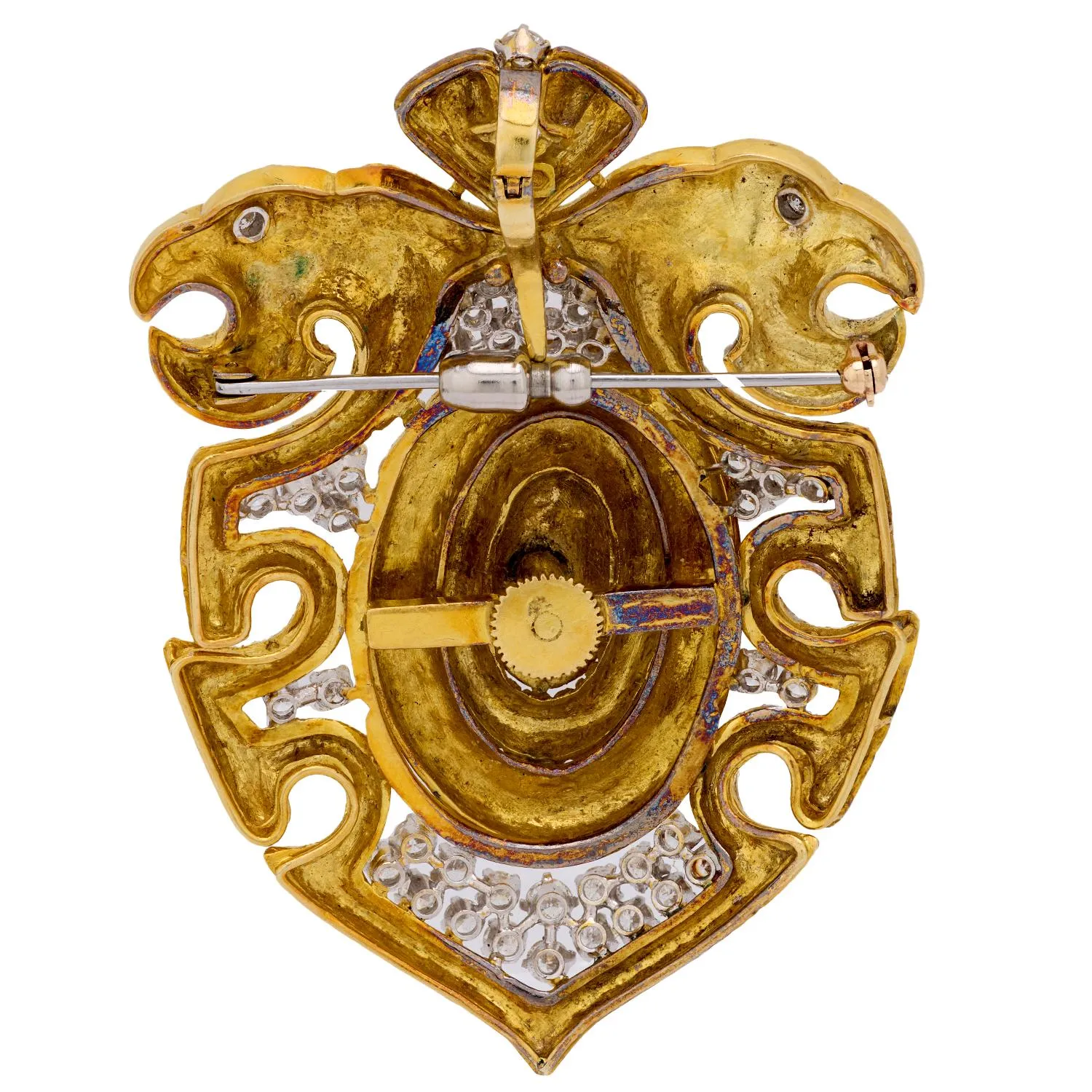 Mid Century carved jade diamond 18k yellow gold interchangeable brooch