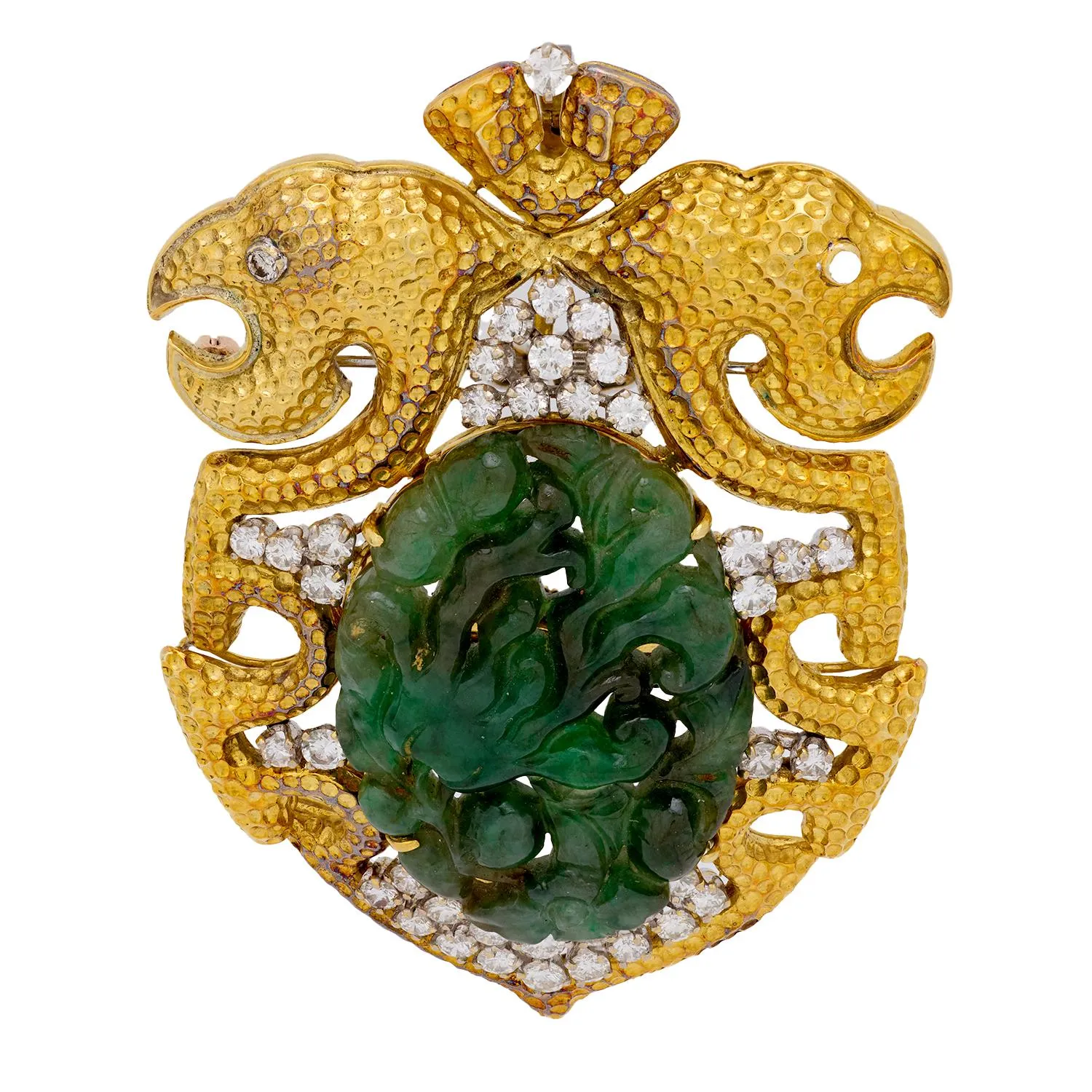 Mid Century carved jade diamond 18k yellow gold interchangeable brooch