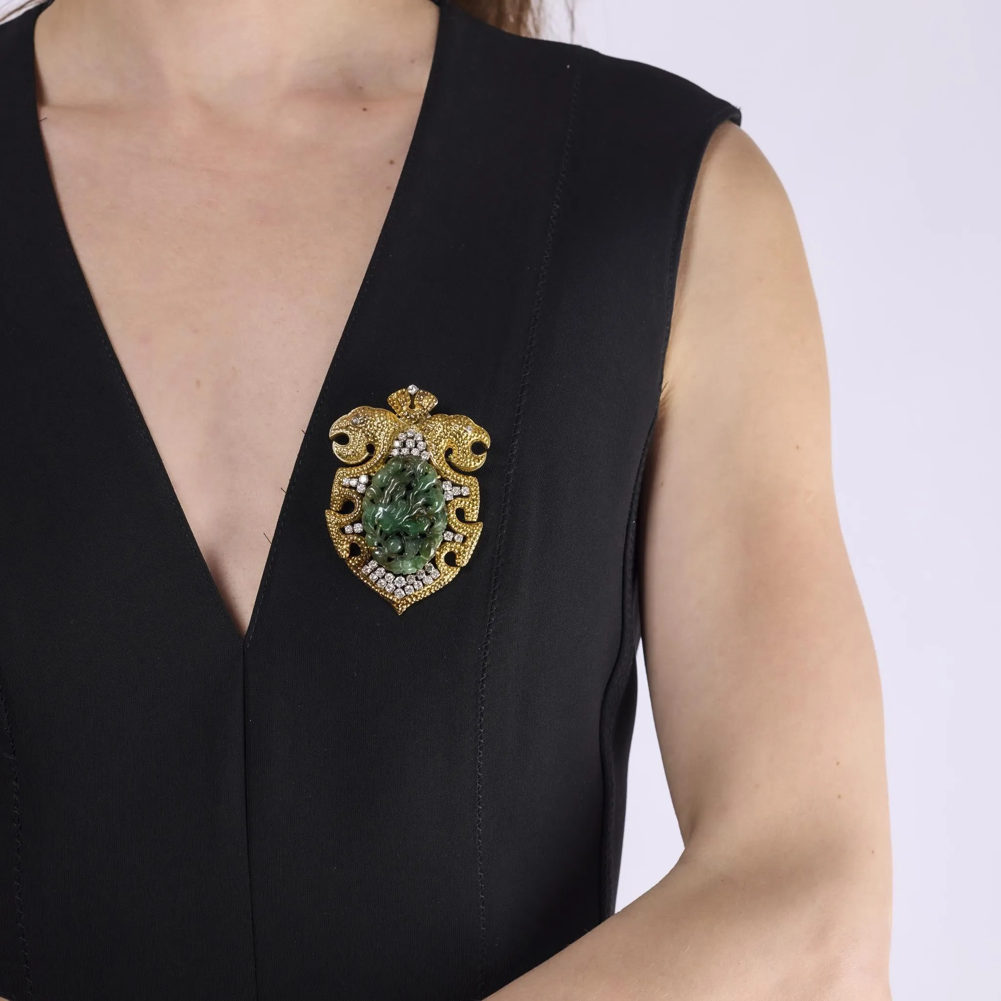 Mid Century carved jade diamond 18k yellow gold interchangeable brooch