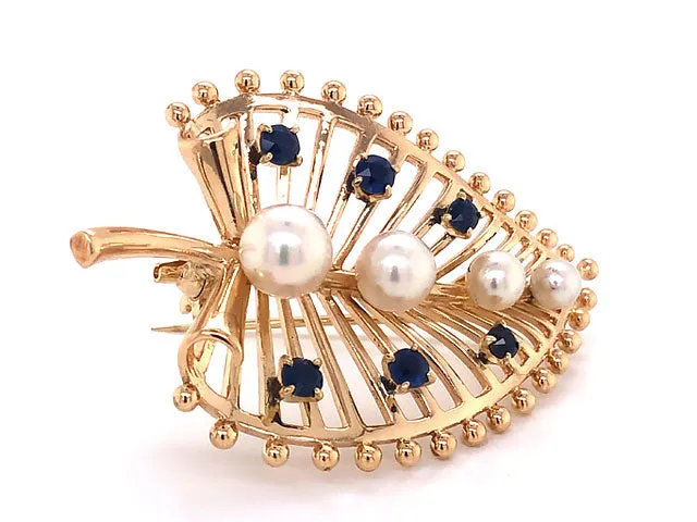 Mikimoto Pearl and Blue Sapphire Leaf Brooch in 14k Yellow Gold