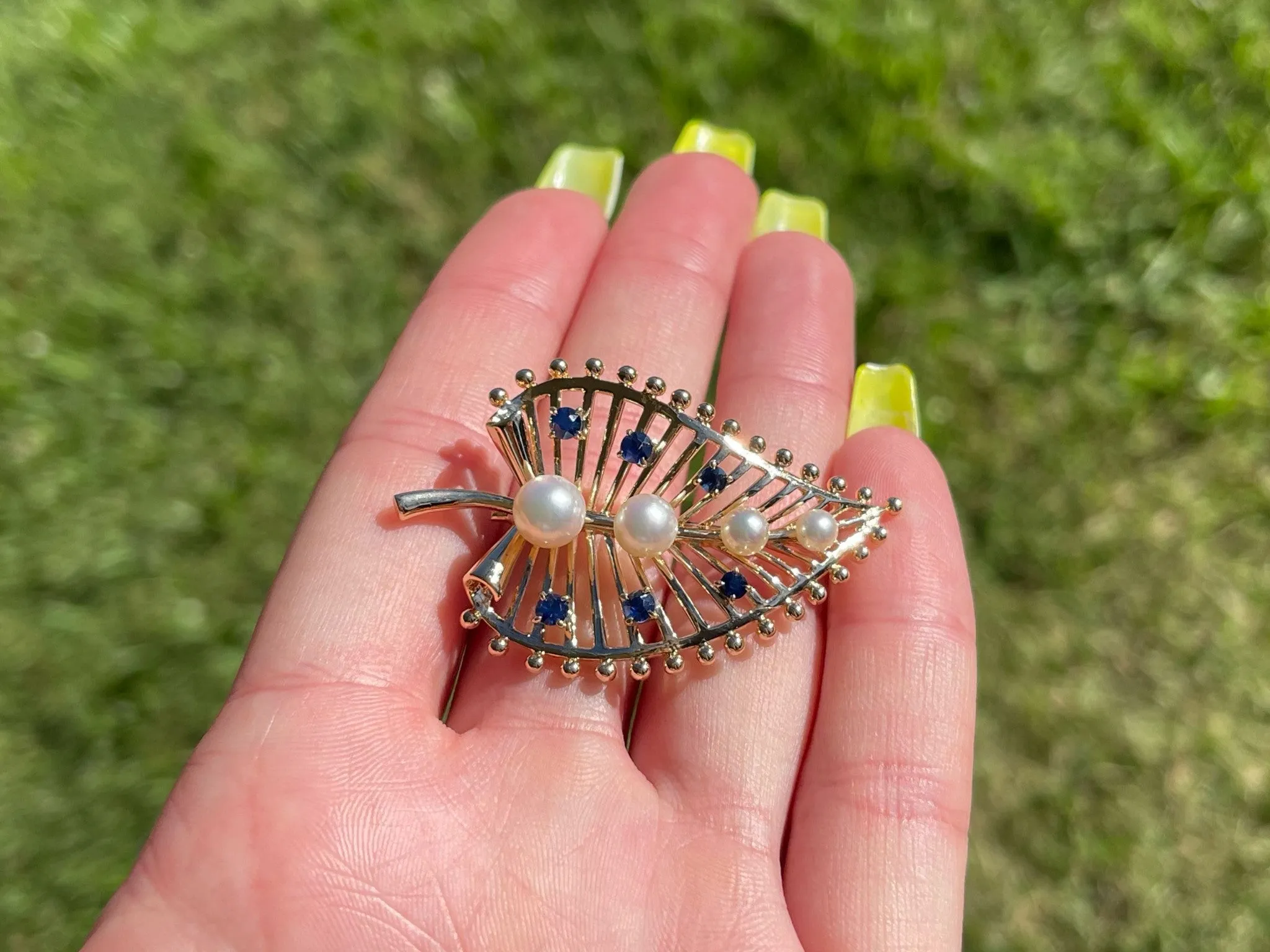 Mikimoto Pearl and Blue Sapphire Leaf Brooch in 14k Yellow Gold