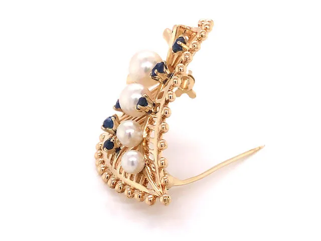 Mikimoto Pearl and Blue Sapphire Leaf Brooch in 14k Yellow Gold