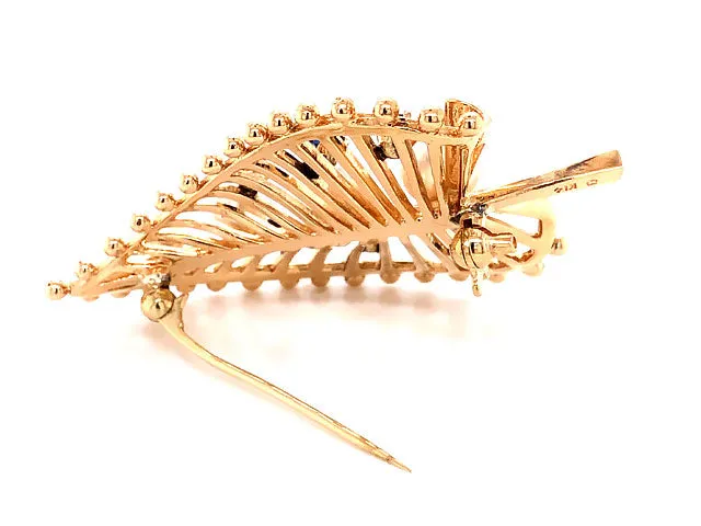 Mikimoto Pearl and Blue Sapphire Leaf Brooch in 14k Yellow Gold