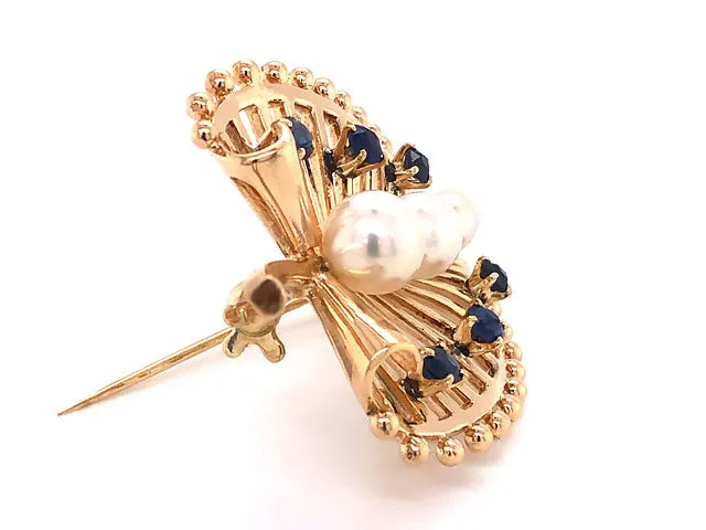 Mikimoto Pearl and Blue Sapphire Leaf Brooch in 14k Yellow Gold