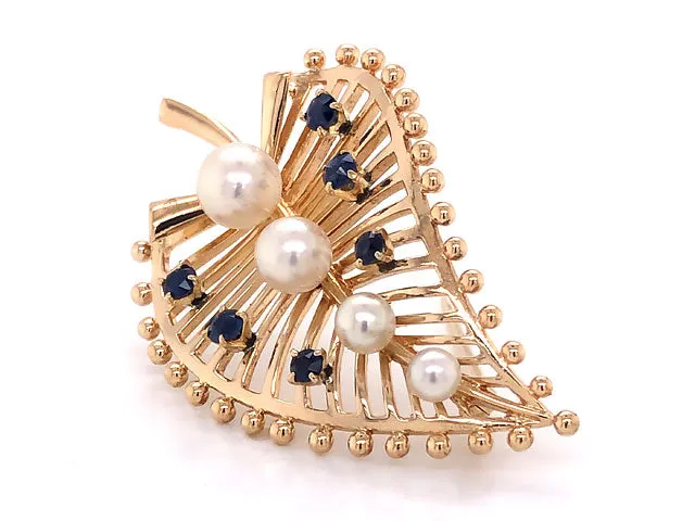 Mikimoto Pearl and Blue Sapphire Leaf Brooch in 14k Yellow Gold