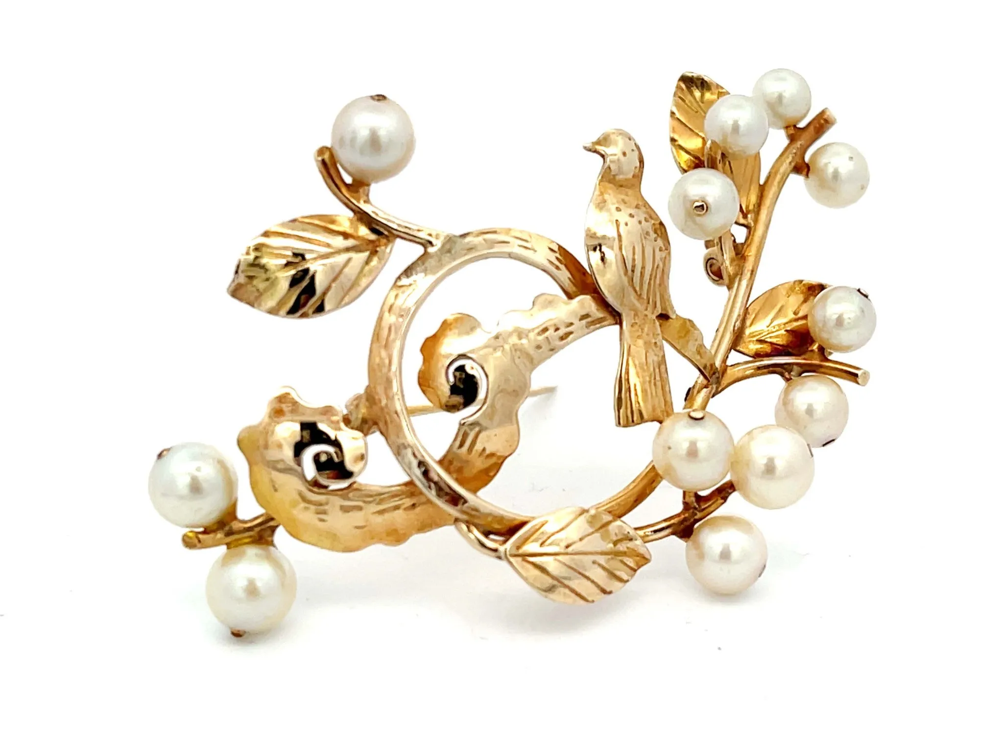 Mings Bird on a Blossom Large Brooch with Pearls in 14k Yellow Gold
