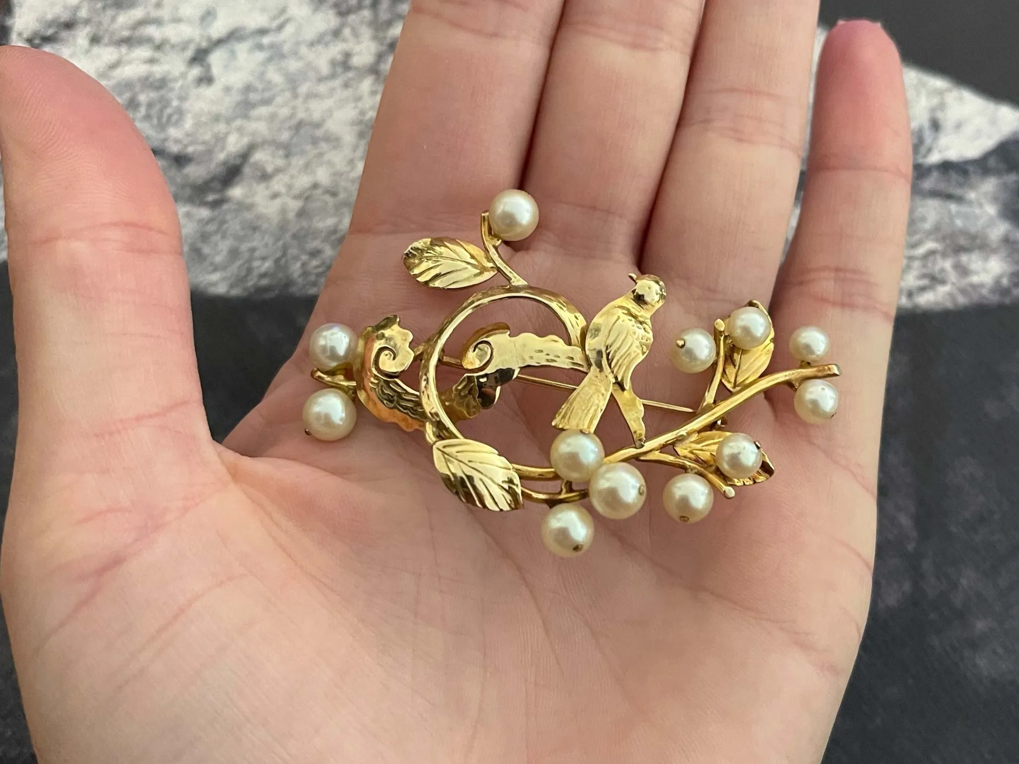 Mings Bird on a Blossom Large Brooch with Pearls in 14k Yellow Gold