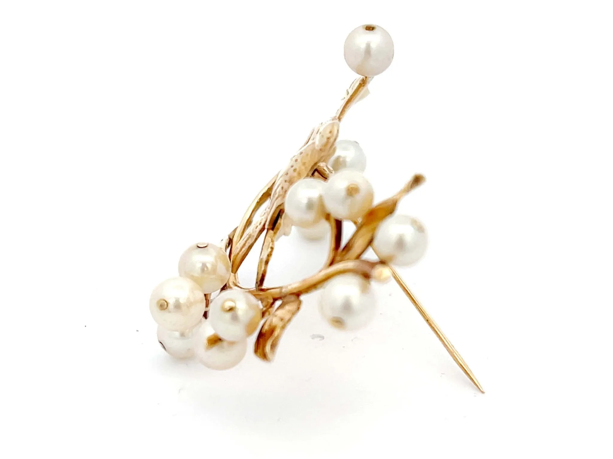 Mings Bird on a Blossom Large Brooch with Pearls in 14k Yellow Gold