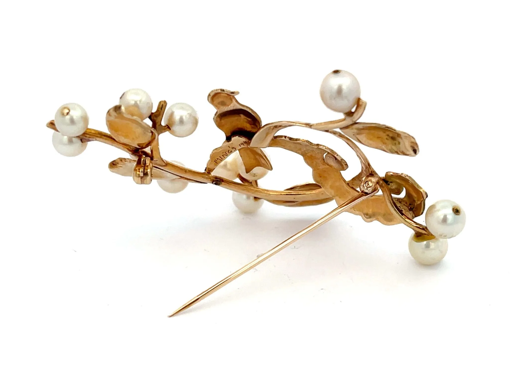 Mings Bird on a Blossom Large Brooch with Pearls in 14k Yellow Gold