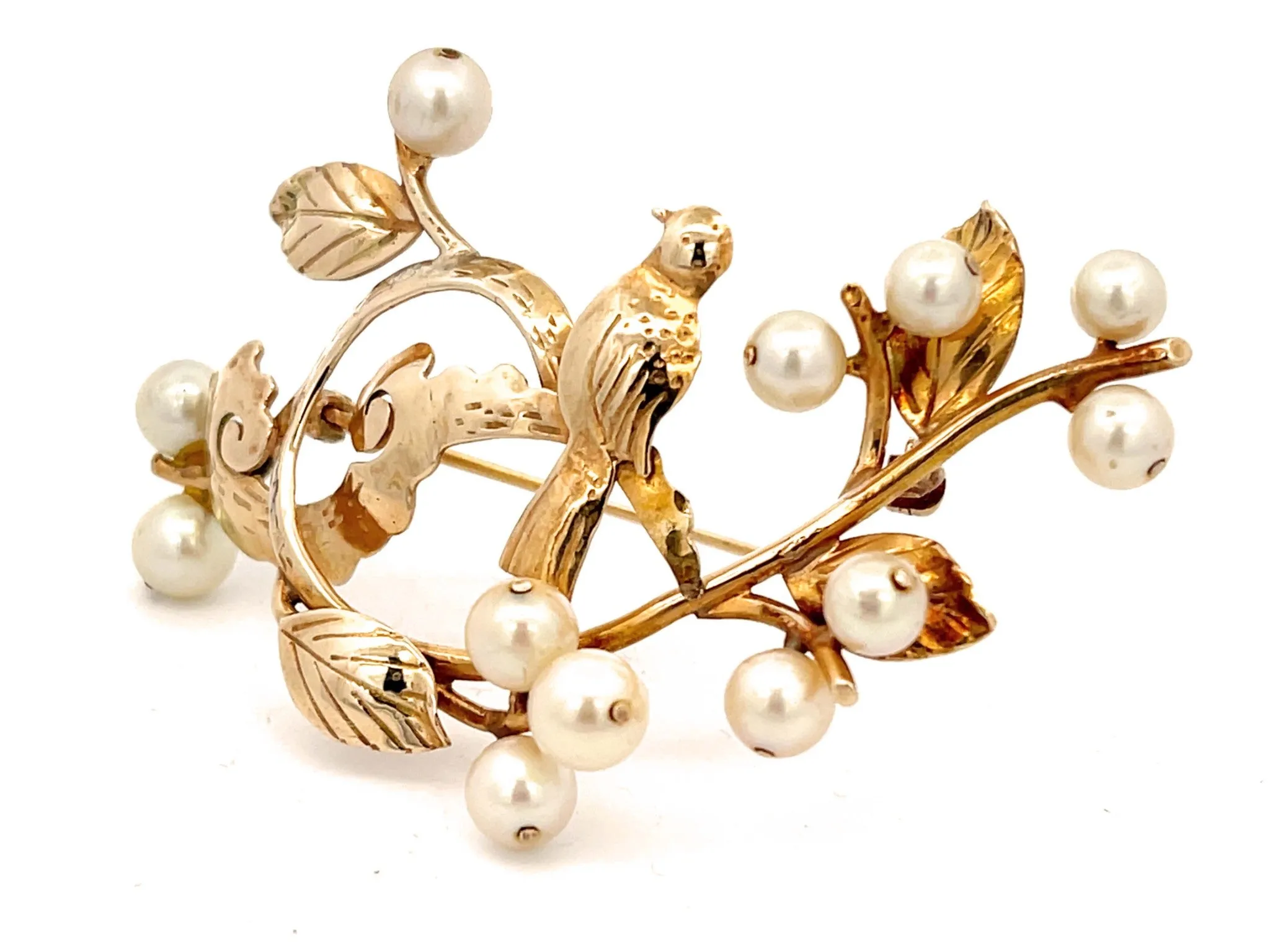 Mings Bird on a Blossom Large Brooch with Pearls in 14k Yellow Gold