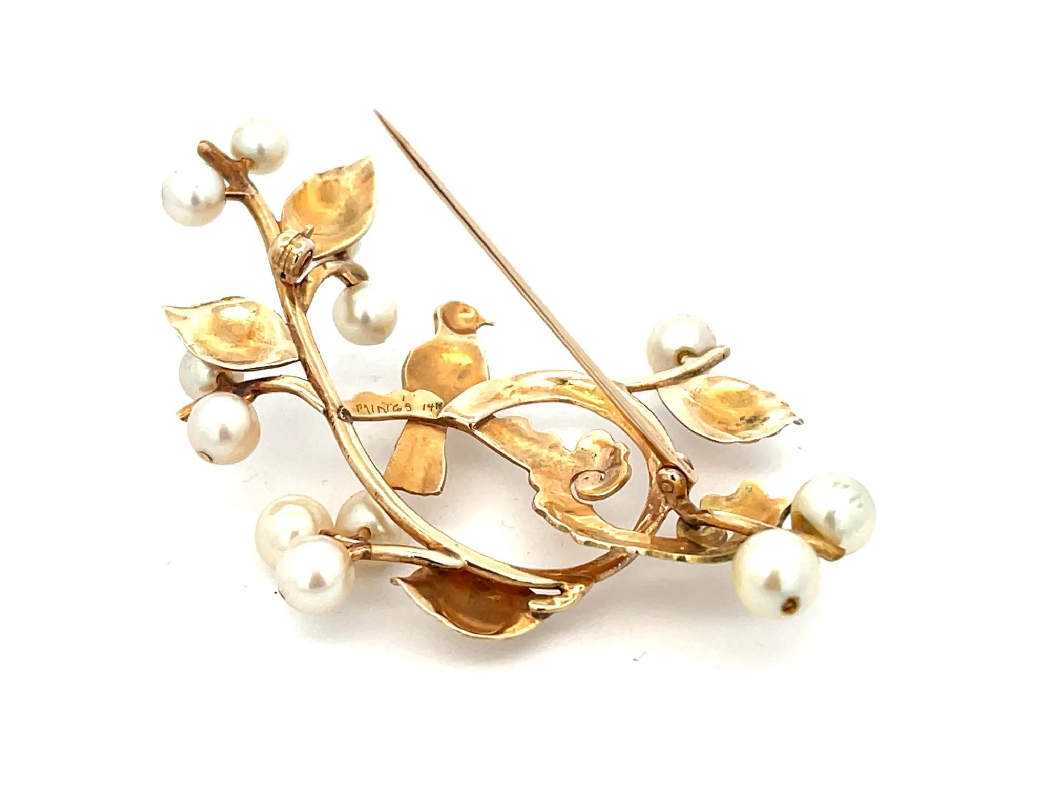 Mings Bird on a Blossom Large Brooch with Pearls in 14k Yellow Gold