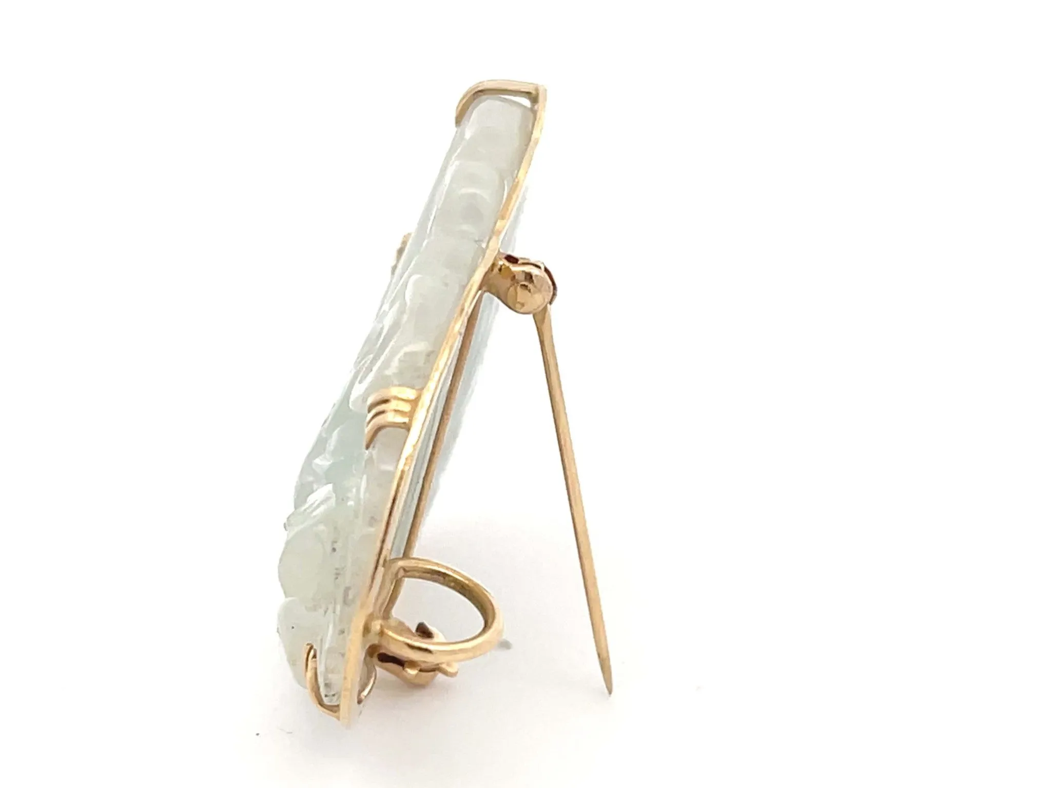 Mings Guanyin Pale Green Jade Carved Brooch Pendant in 14k Yellow Gold