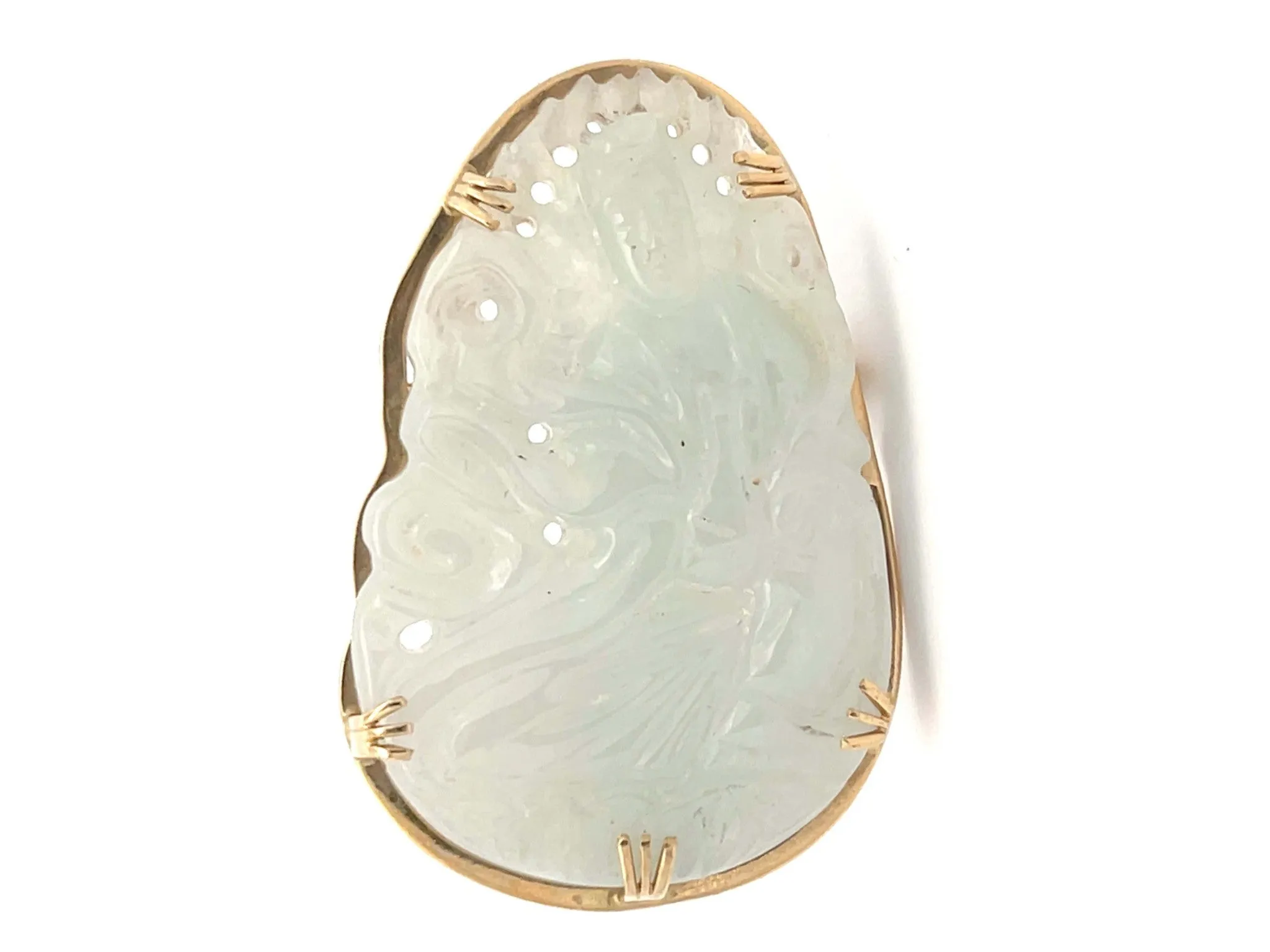 Mings Guanyin Pale Green Jade Carved Brooch Pendant in 14k Yellow Gold
