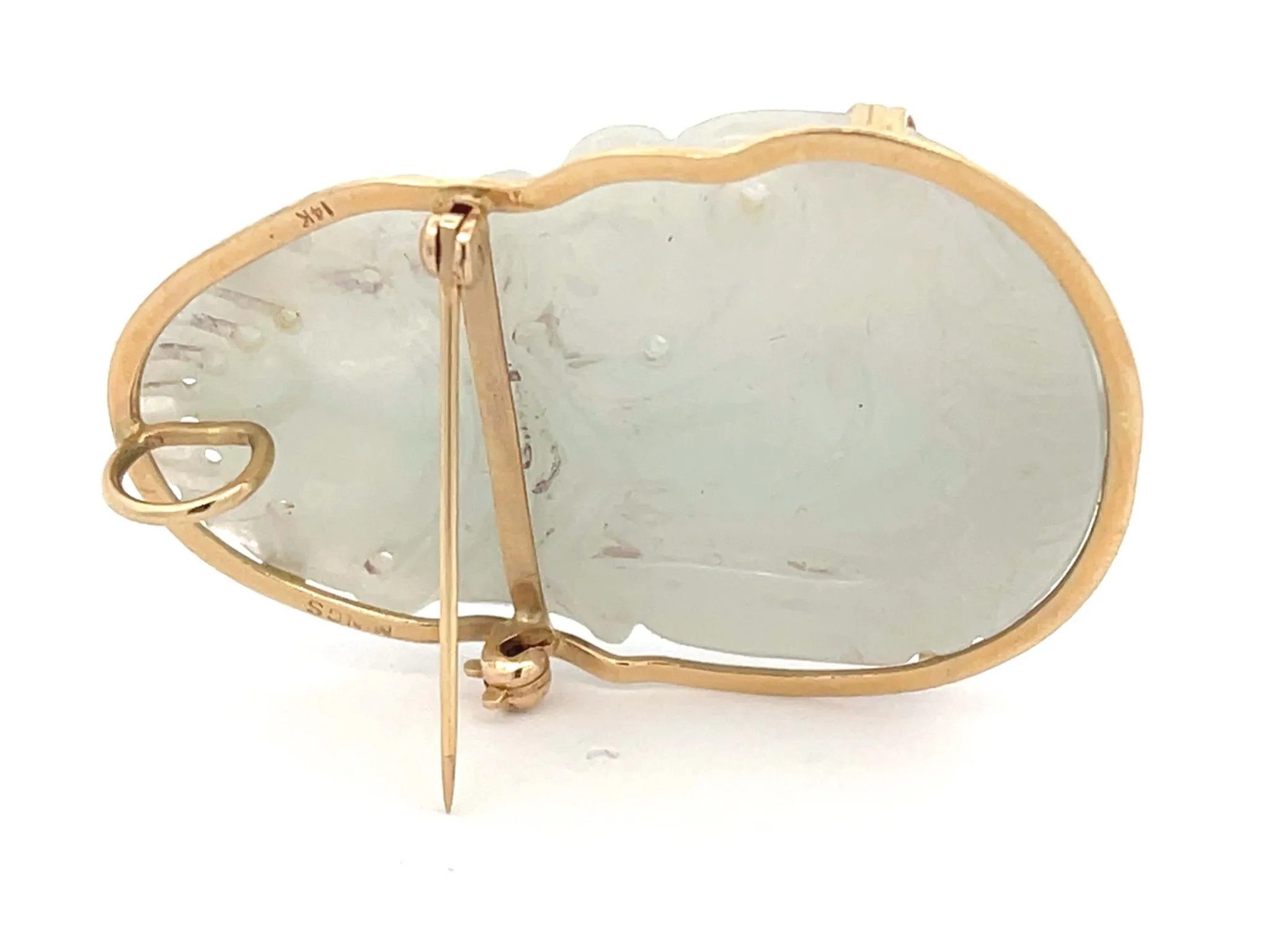 Mings Guanyin Pale Green Jade Carved Brooch Pendant in 14k Yellow Gold