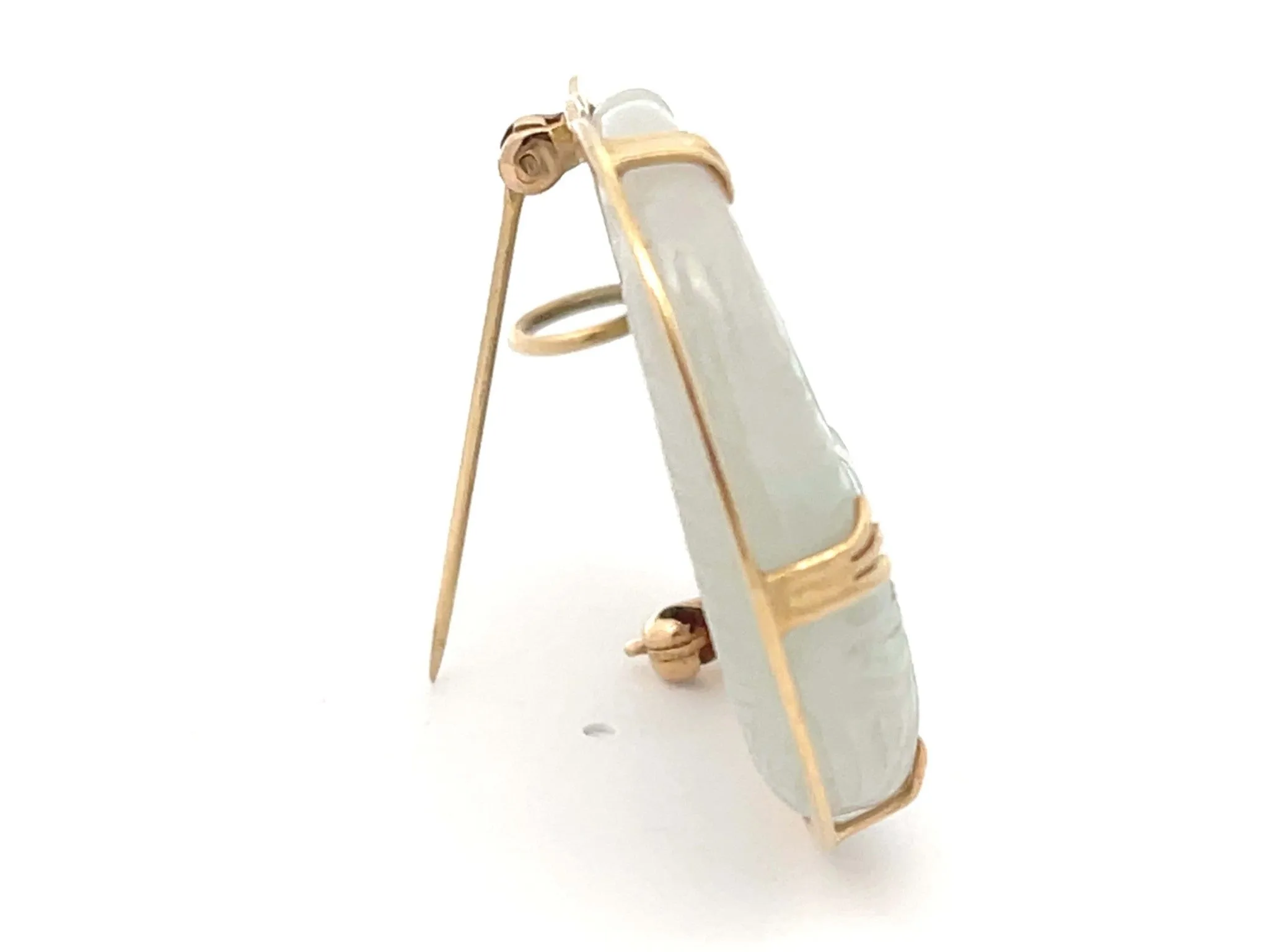 Mings Guanyin Pale Green Jade Carved Brooch Pendant in 14k Yellow Gold