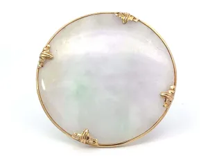 Mings Hawaii Round White Jade Brooch 14k Yellow Gold