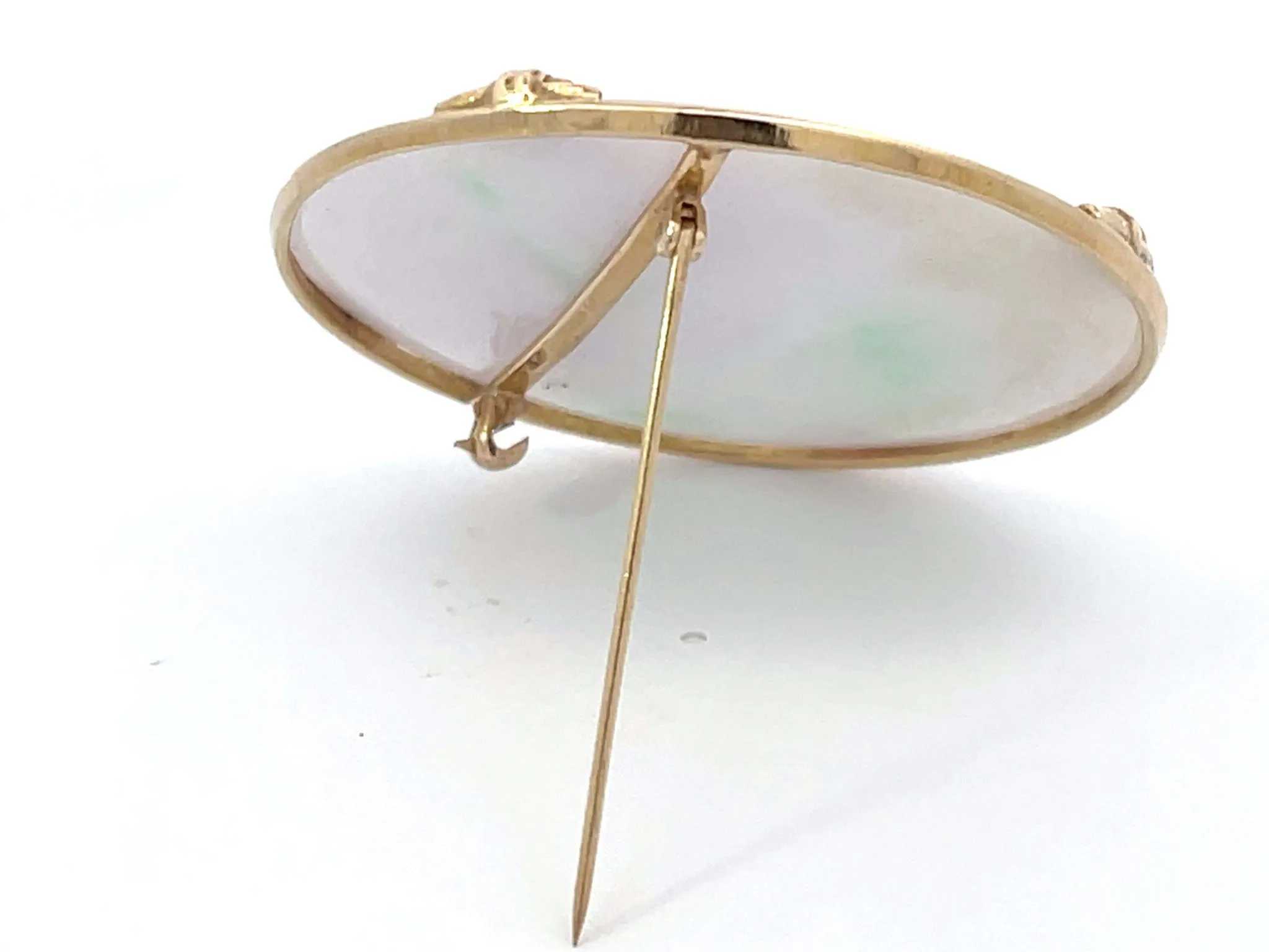 Mings Hawaii Round White Jade Brooch 14k Yellow Gold