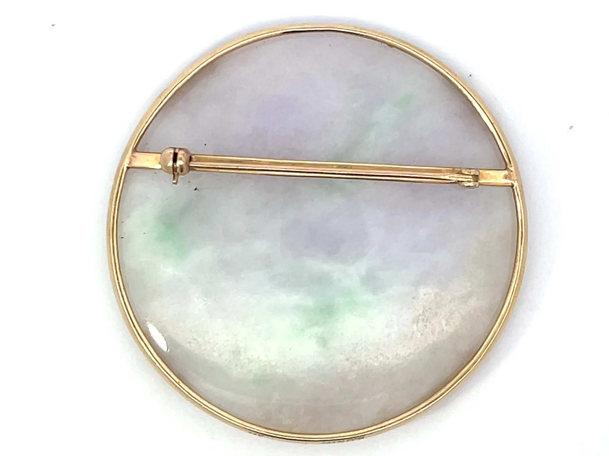 Mings Hawaii Round White Jade Brooch 14k Yellow Gold