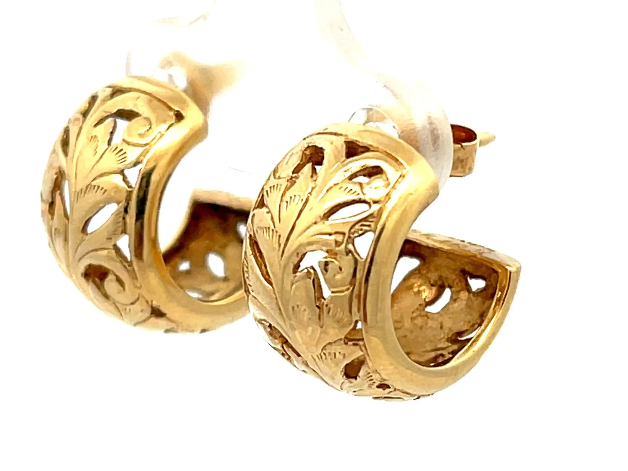 Mings Pierced Swirl Leaf Semi Hoop Earrings in 14k Yellow Gold