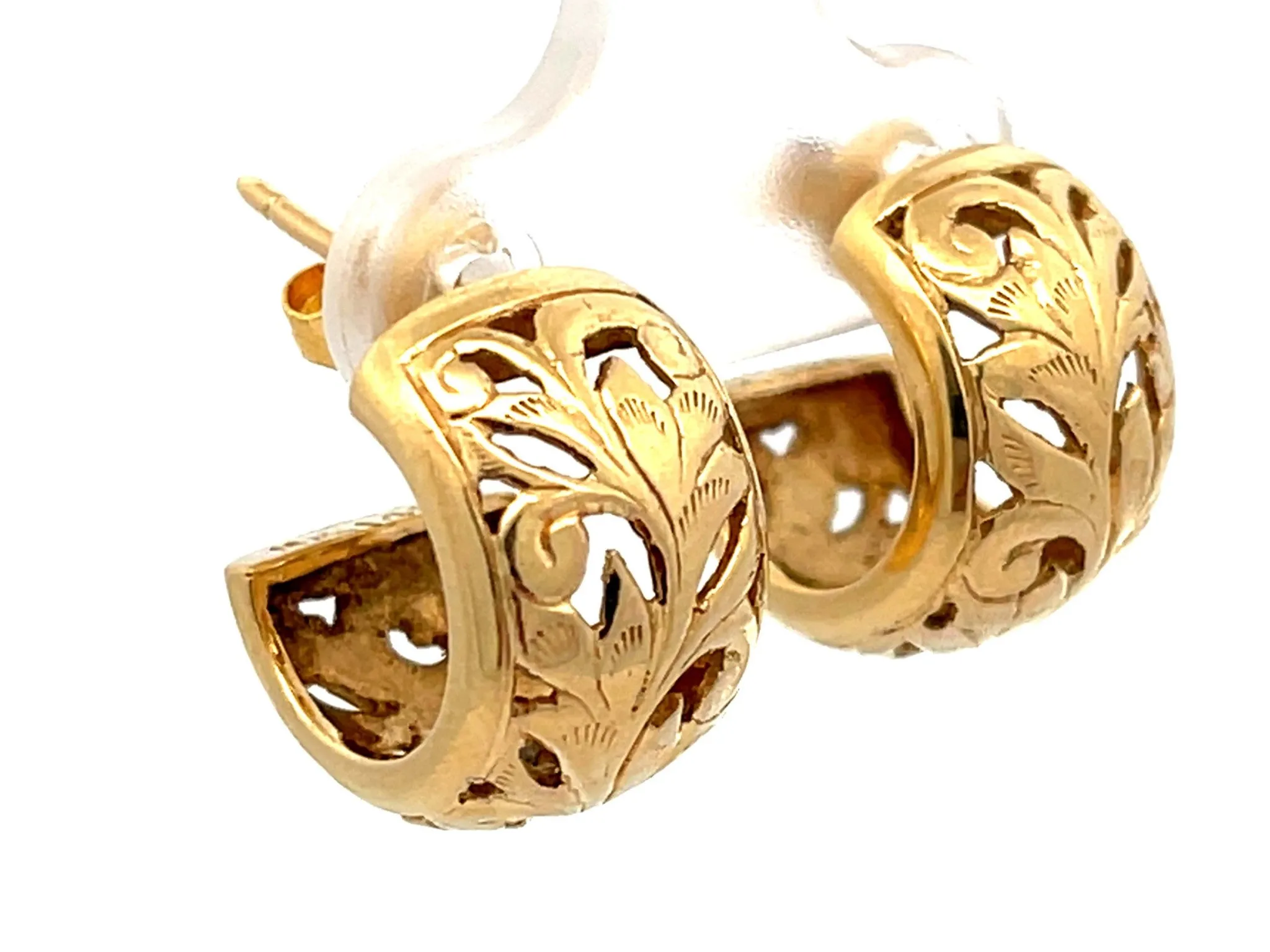 Mings Pierced Swirl Leaf Semi Hoop Earrings in 14k Yellow Gold