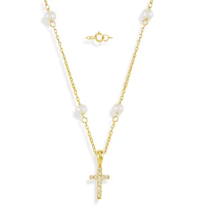 Miniature Diamond Cross on Pearl Necklace