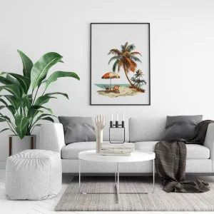 Minimalist Vintage Beach Scene Art Print - Hawaiian Island Themed Wall Art