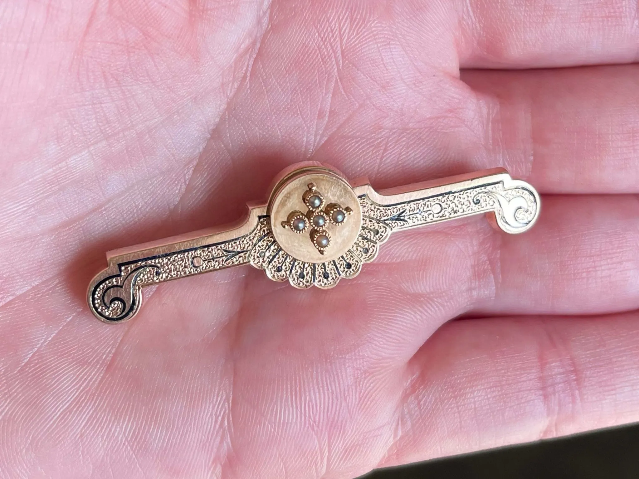 Mourning Black Enamel Gold Brooch 14k