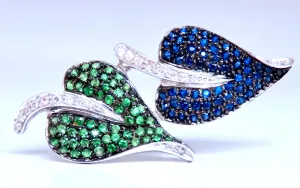 Natural Sapphire Green Tsavorite Spade Leaf Diamond Pin 14kt 12361