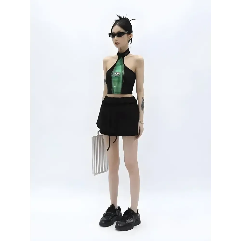 Neon Green Y2K Cropped Halter Top for Festival and Grunge Looks