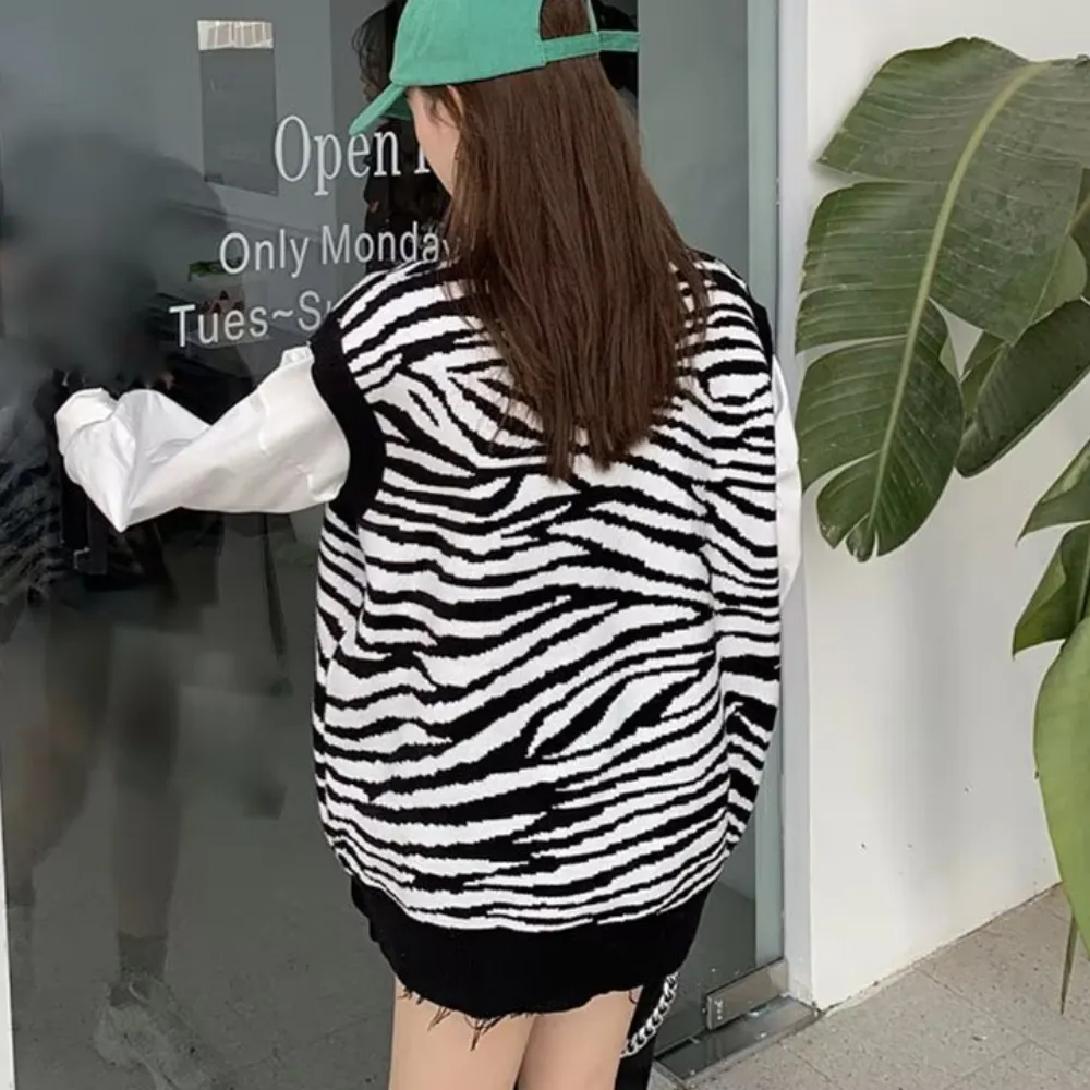 Oversized zebra print knitted vest
