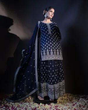 Oxford Blue Embellished Gharara Set