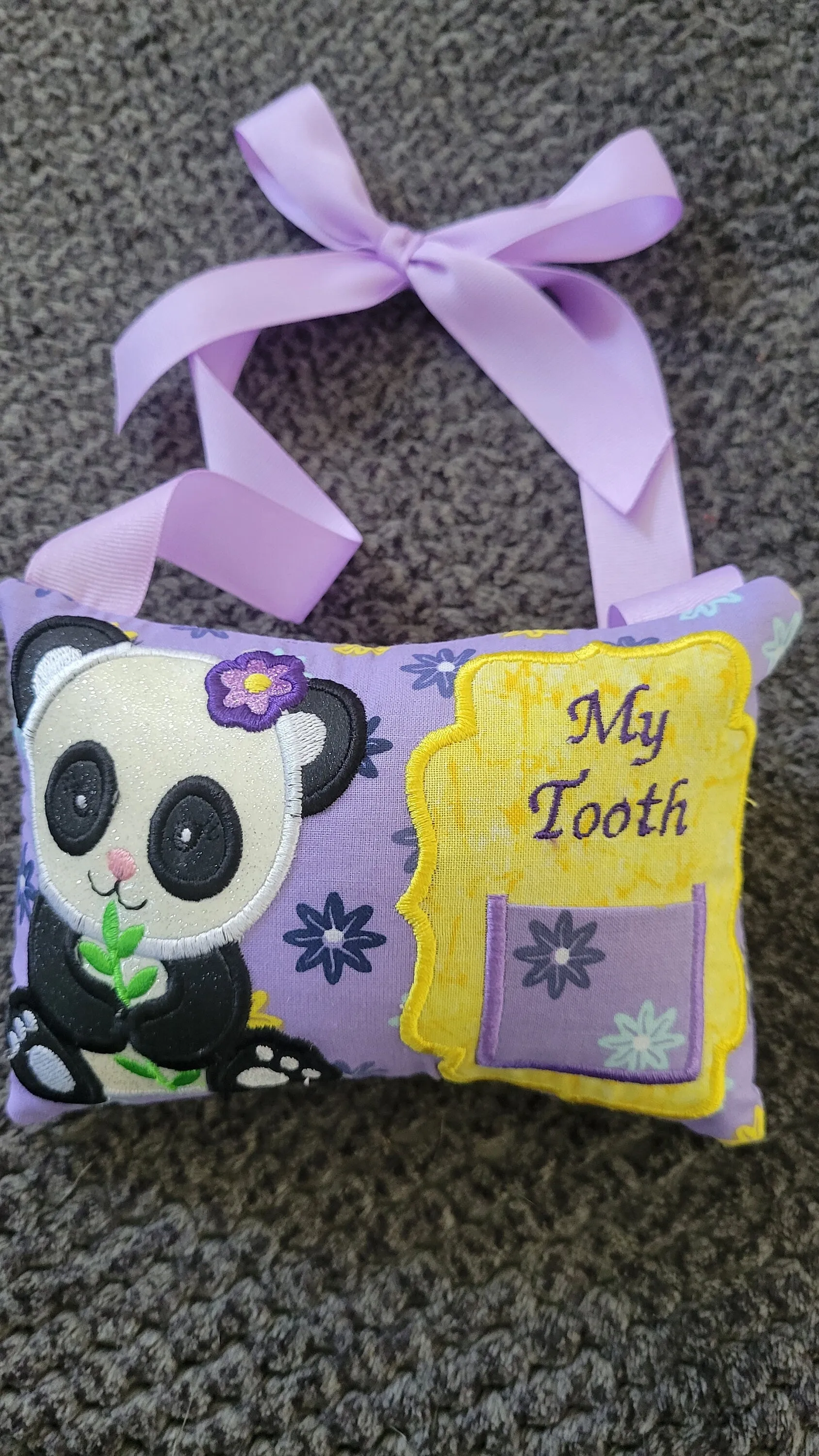 Panda Bear - Door Hanger Tooth Fairy Pillow - Lavender with Flowers - personalized keepsake - Girl tooth fairy pillow - custom colors
