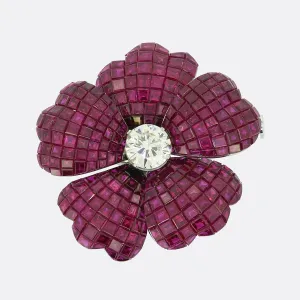 Pederzani Ruby and Diamond Flower Brooch Pendant