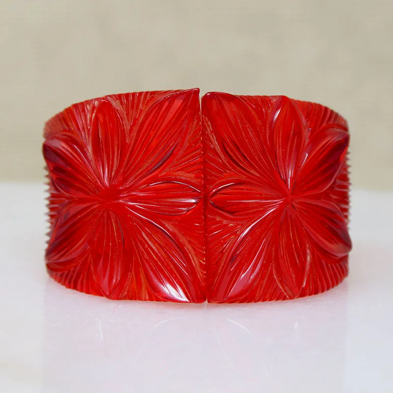Polynesian Motif Red Bakelite Clamper Bracelet