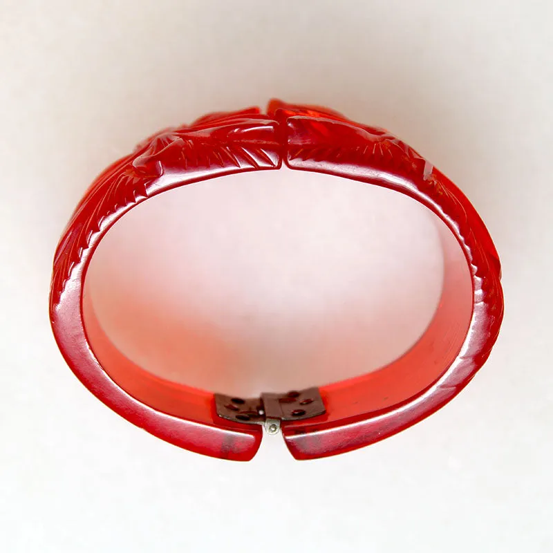 Polynesian Motif Red Bakelite Clamper Bracelet
