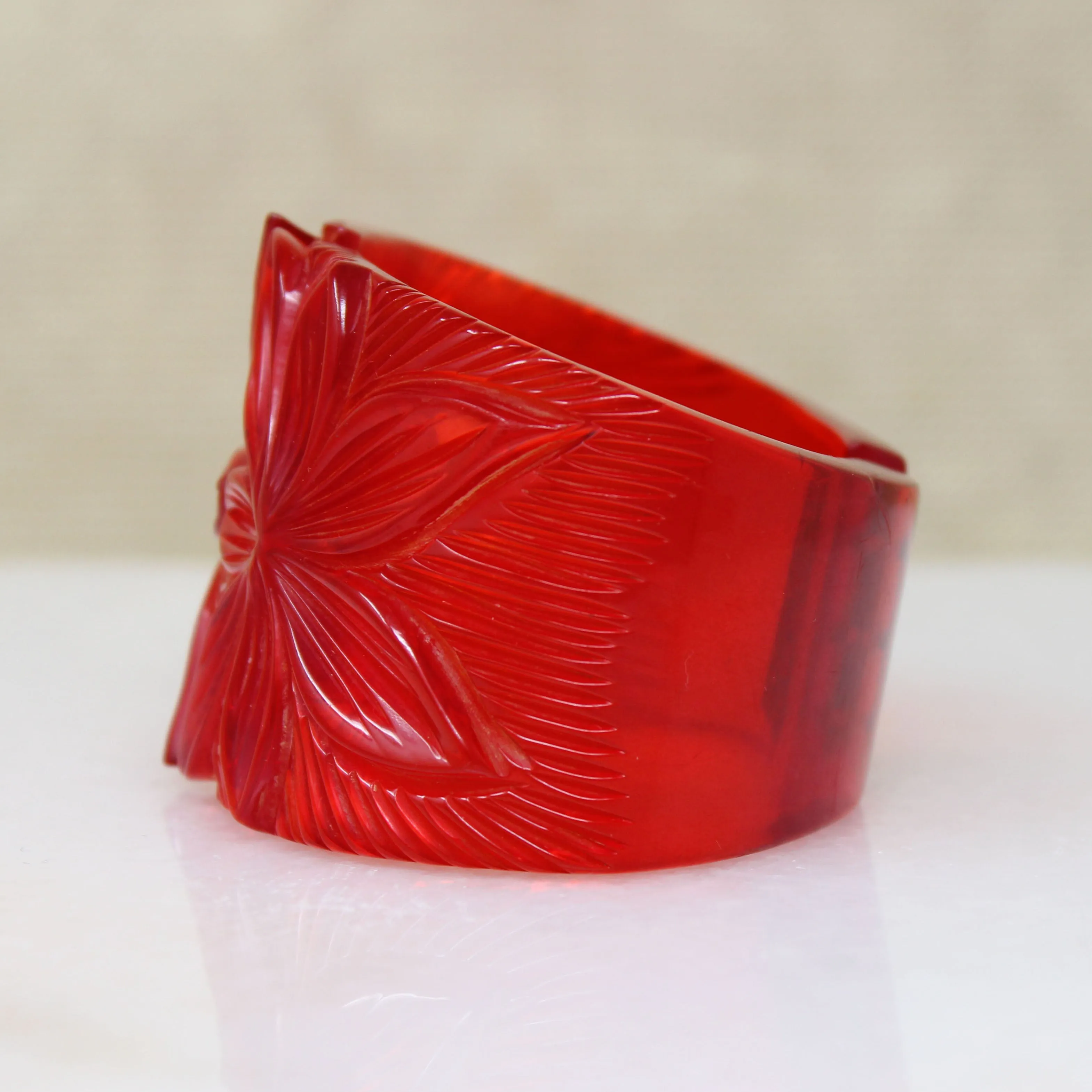 Polynesian Motif Red Bakelite Clamper Bracelet