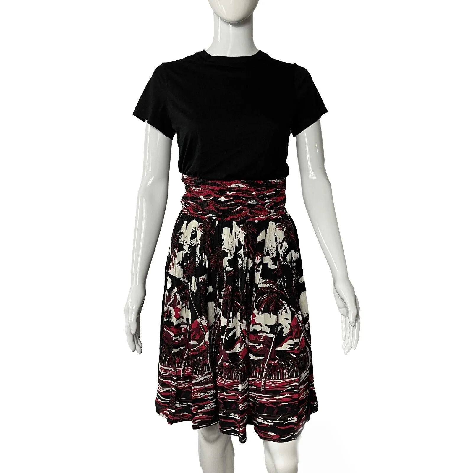 PRADA - Tropical Island Print Black Midi Printed Skirt - 38 US 2