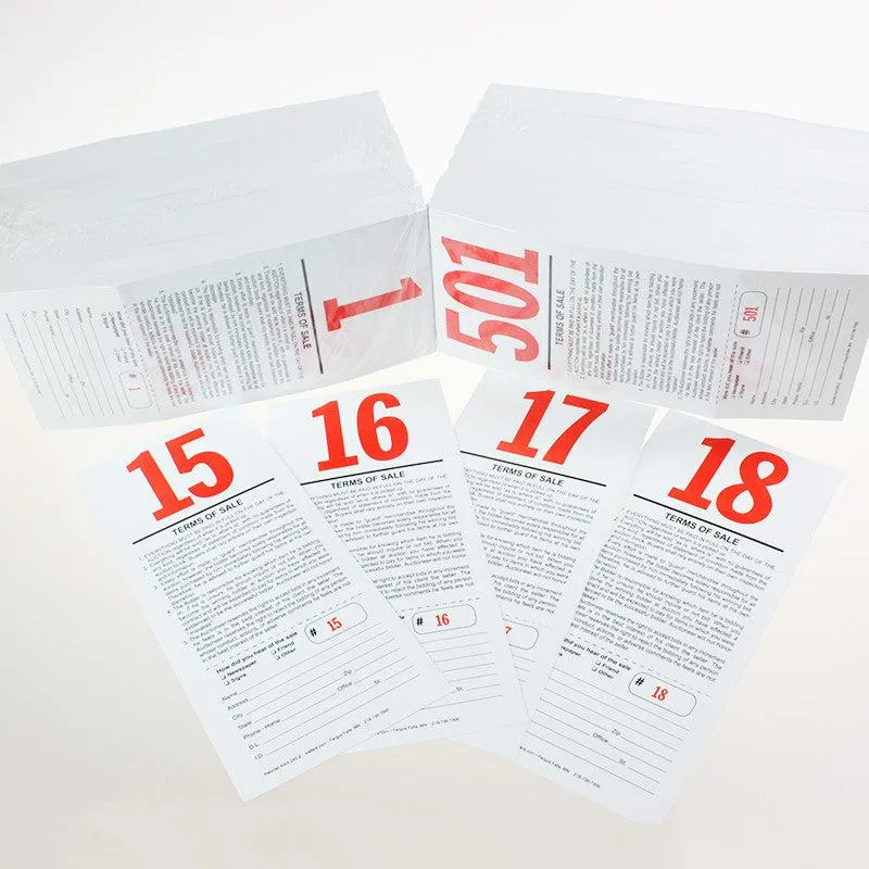 Pre-Numbered Stock Bid Cards w/ Registration Stub (500/Pack) Red #/Black Ink