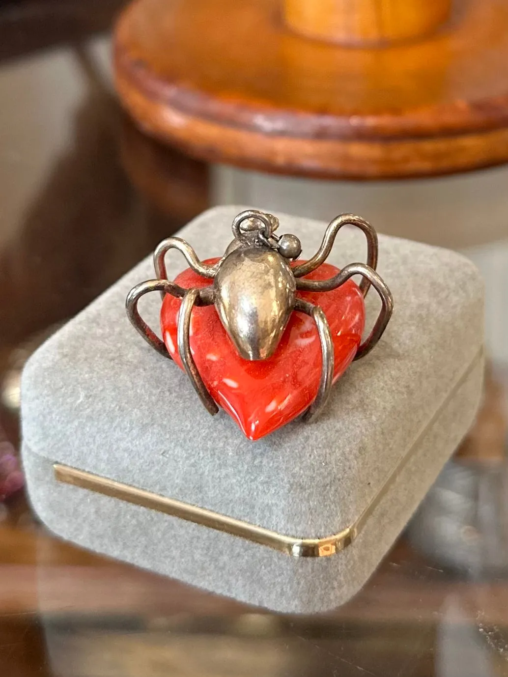 Rare Vintage Sterling Silver Spider White & Red Speckled Lucite Heart Pendant Charm