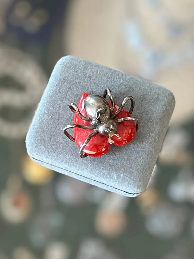 Rare Vintage Sterling Silver Spider White & Red Speckled Lucite Heart Pendant Charm
