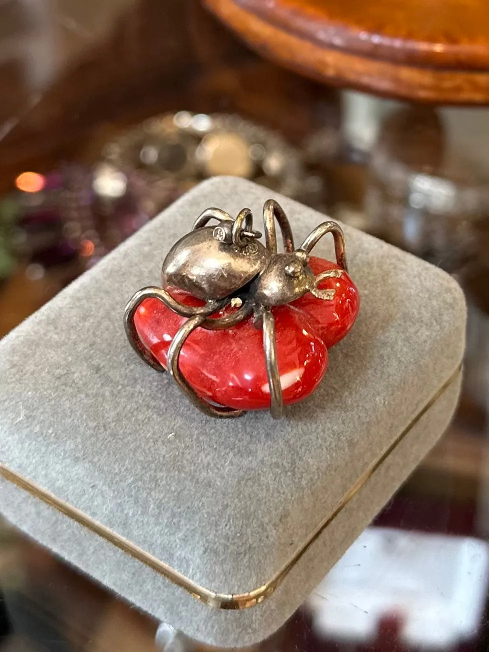 Rare Vintage Sterling Silver Spider White & Red Speckled Lucite Heart Pendant Charm