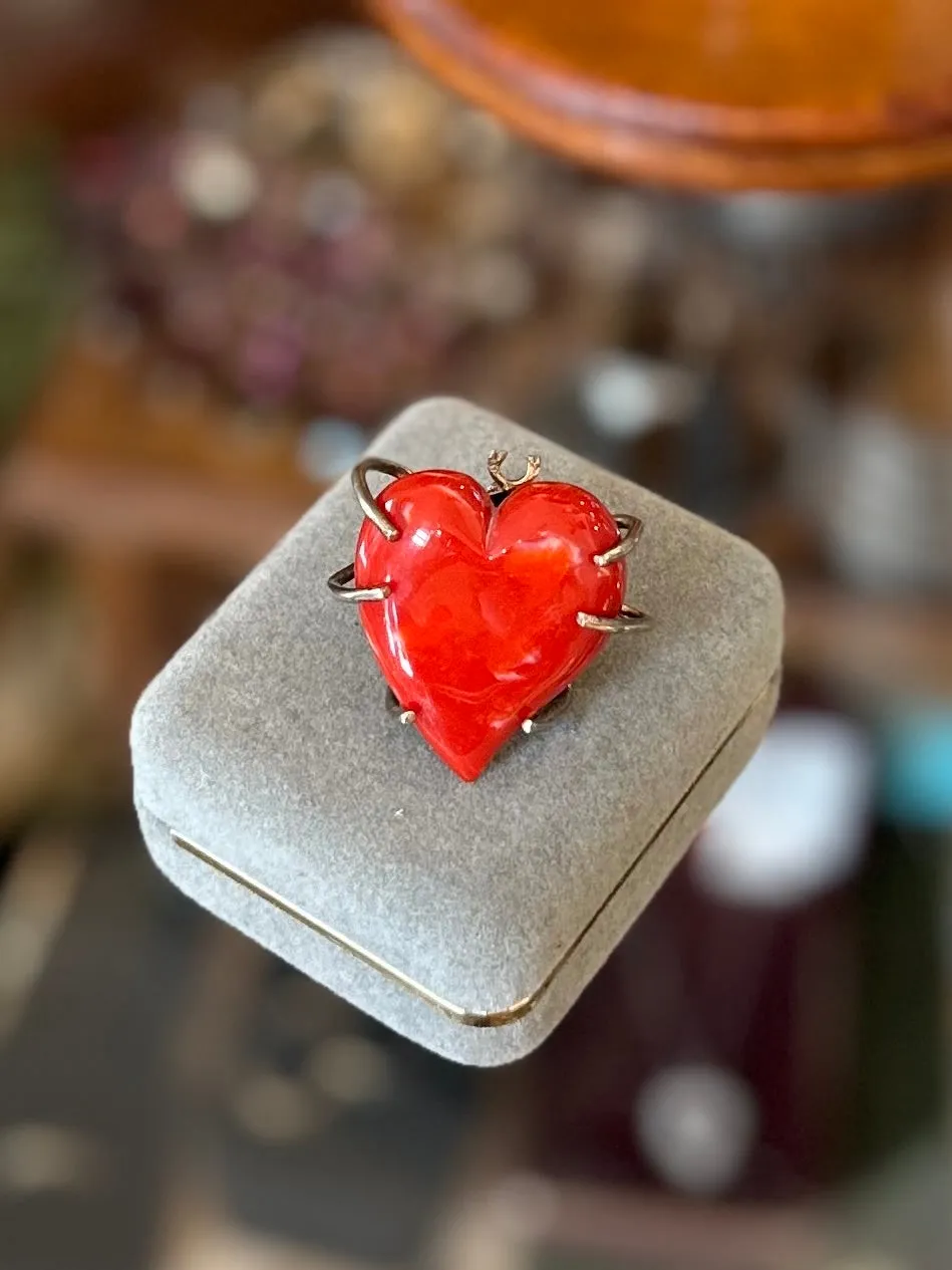Rare Vintage Sterling Silver Spider White & Red Speckled Lucite Heart Pendant Charm