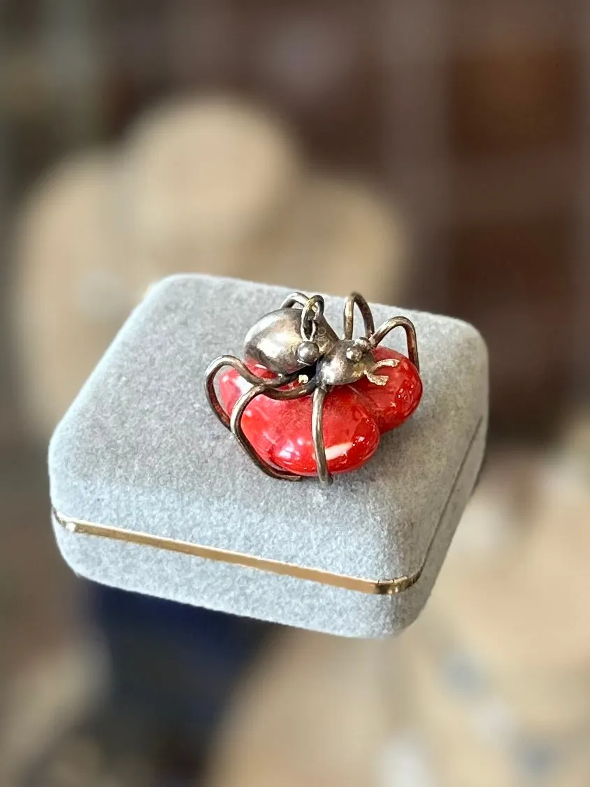 Rare Vintage Sterling Silver Spider White & Red Speckled Lucite Heart Pendant Charm