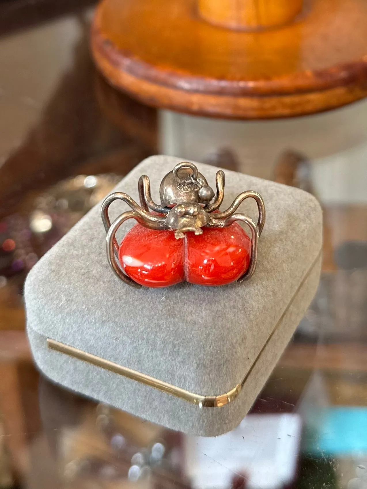 Rare Vintage Sterling Silver Spider White & Red Speckled Lucite Heart Pendant Charm