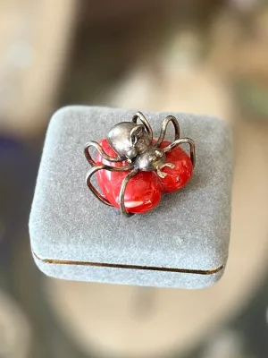 Rare Vintage Sterling Silver Spider White & Red Speckled Lucite Heart Pendant Charm
