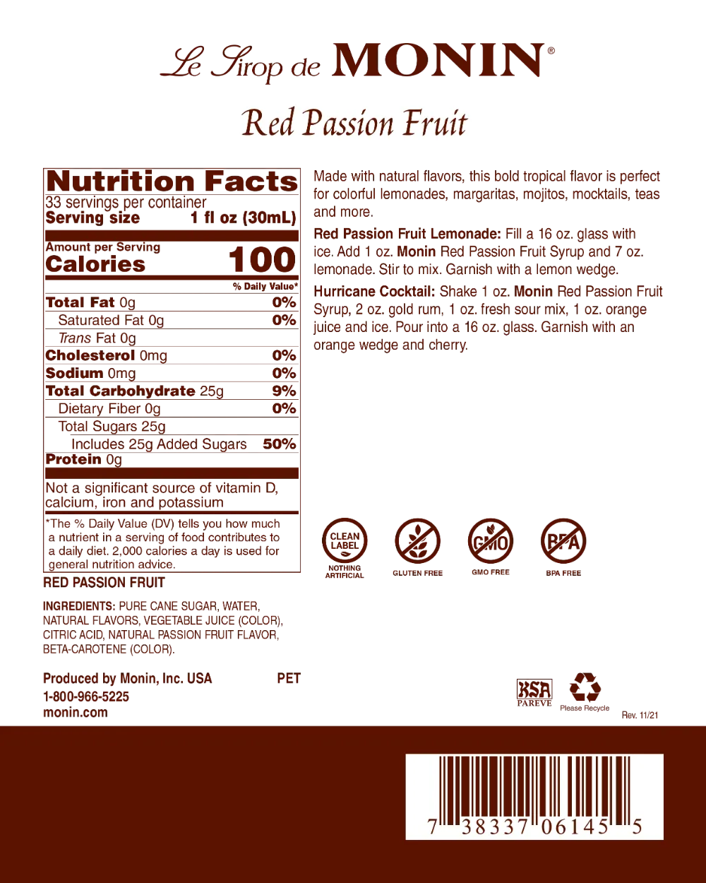Red Passion Fruit - Monin - Premium Syrups and Flavourings - 4 x 1 L per case