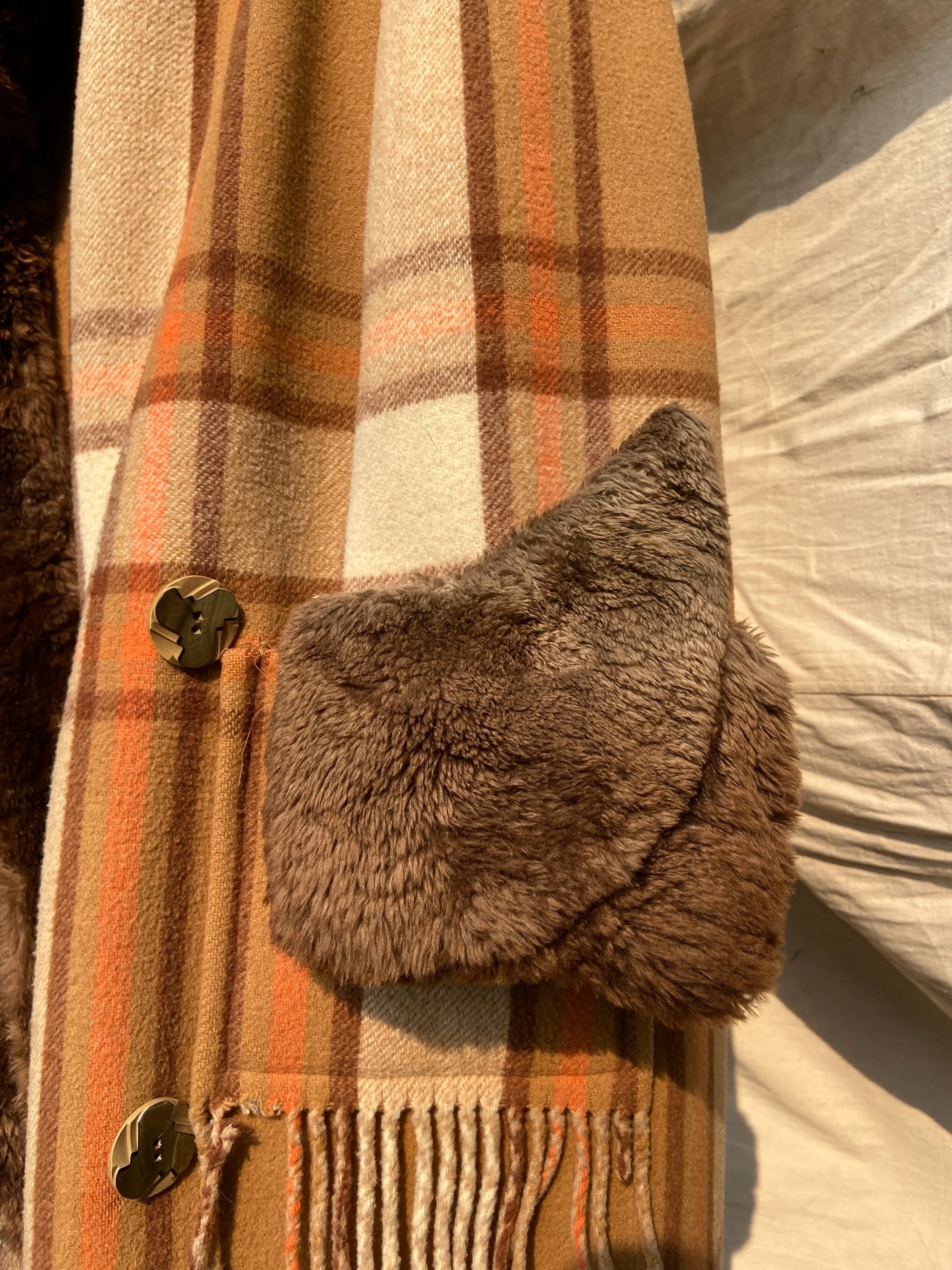 RESERVED~ 1920s Plaid Wool Fur Trimmed Fringe Coat